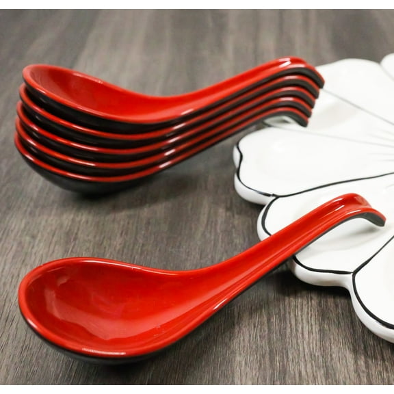 Contemporary Red Black Melamine Asian Soup Spoons With Ladle Hook Pack Of 6 Set