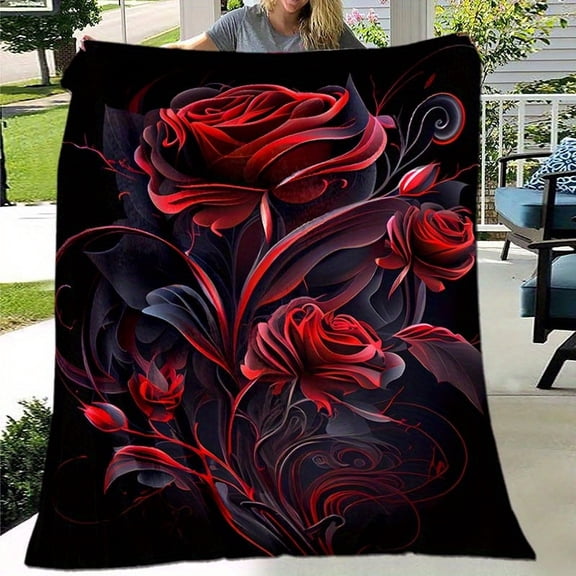 Contemporary Red Rose & Black Floral Print Flannel Blanket - Soft Warm 280GSM Polyester All-Season Throw for Sofa Bed Travel Office - Luxury Home Decor Gift, Throw Blanket for Couch, Bold Contrast De