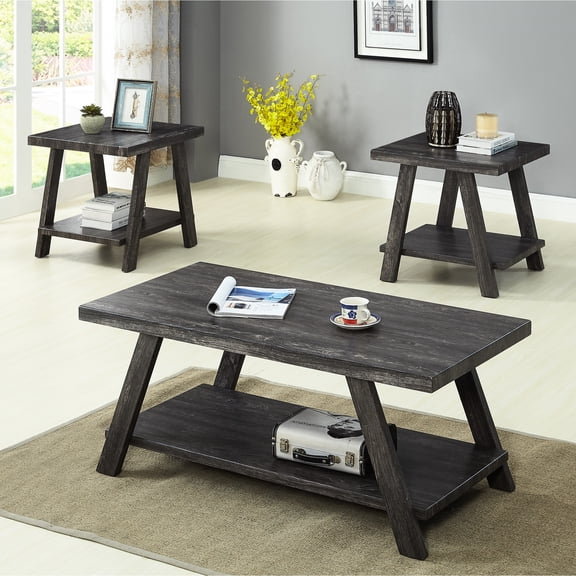 Contemporary Replicated Wood Coffee Table In Charcoal, With Extra Shelf Storage And Wide-angled Leg Standing Charcoal Beauty