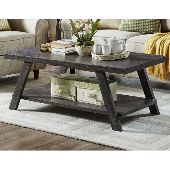 Contemporary Replicated Wood Shelf Coffee Table in Charcoal Finish for Small Spaces