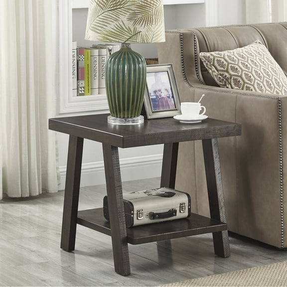 Contemporary Replicated Wood Shelf End Table, Hardwood Veneer Top with Natural Wood Grain, Wide-Angled Legs, Side Table for Living Room, 24 x 22 x 23 Inches