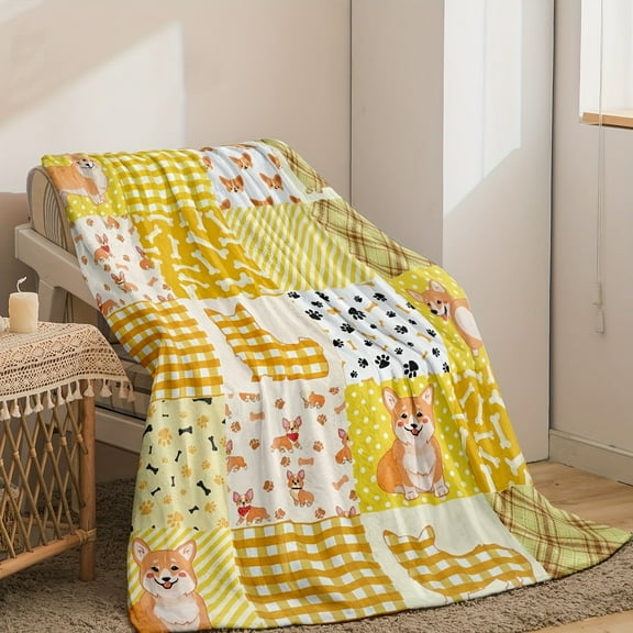 Contemporary Reversible Flannel Knitted Throw Blanket – Animal Themed Corgi Dog Pattern, All Seasons Multipurpose, Soft Lightweight Comfort, Machine Washable, Digital Print Polyester Bedding
