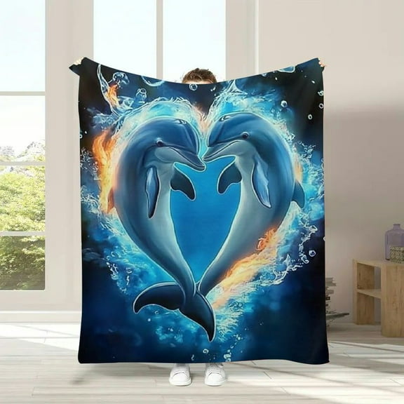 Contemporary Reversible Flannel Throw Blanket with 3D Digital Dolphin - Multipurpose All Season Cozy Sofa Blanket Perfect for Camping, Beach, Office Naps, and Home Decor - Unique Gifting Option