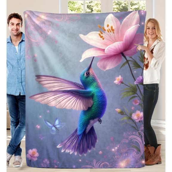 Contemporary Reversible Flannel Throw Blanket with Hummingbird and Floral Print | All Seasons Multipurpose Polyester, Machine Washable, Digital Printed Animal Theme Home Decor, 280GSM