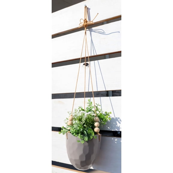 Contemporary Ribbed Ceramic Grey Oval Hanging Planter Pot With Beaded Strings