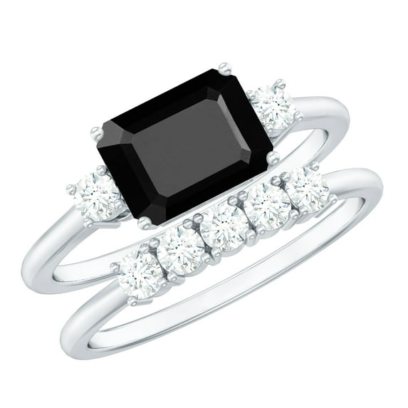 Rosec Jewels Natural Black Onyx Diamond Wedding Bridal Ring Set - AAA Grade - Emerald Cut Engagement Ring with Enhancer, 18K White Gold, US 9.00