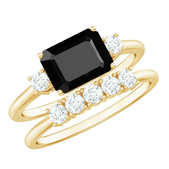 Rosec Jewels Natural Black Onyx Diamond Wedding Bridal Ring Set - AAA Grade - Emerald Cut Engagement Ring with Enhancer, 18K Yellow Gold, US 11.00