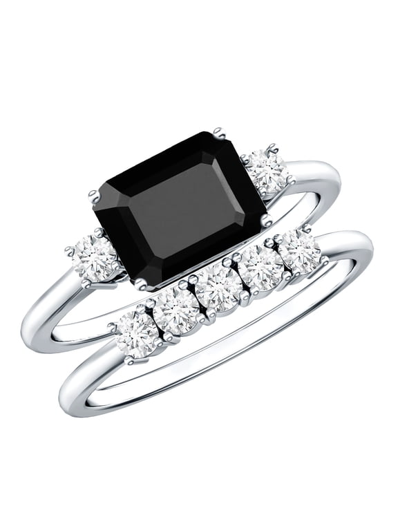 Natural Onyx Rings Set with Diamond (6X8 mm, Emerald Cut Onyx, AAA Quality) Black Onyx and Diamond Ring Set for Women, 925 Sterling Silver, US 4.00
