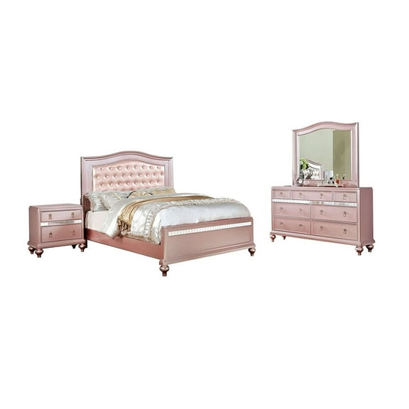 Contemporary Rose Gold Twin Size Bed Dresser Mirror Nightstand 4pc Set Padded Headboard Tufted Bedroom Furniture Solid wood