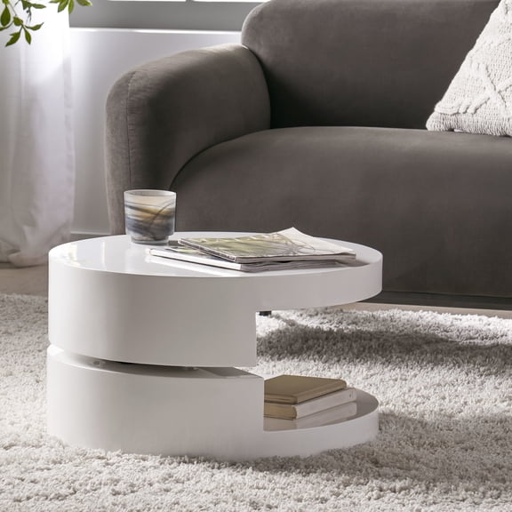 Contemporary Rotatable Small Coffee Table With Hidden Compartment For Storage, White Gloss Finish, 23.62x23.62x12.99 In High Gloss,