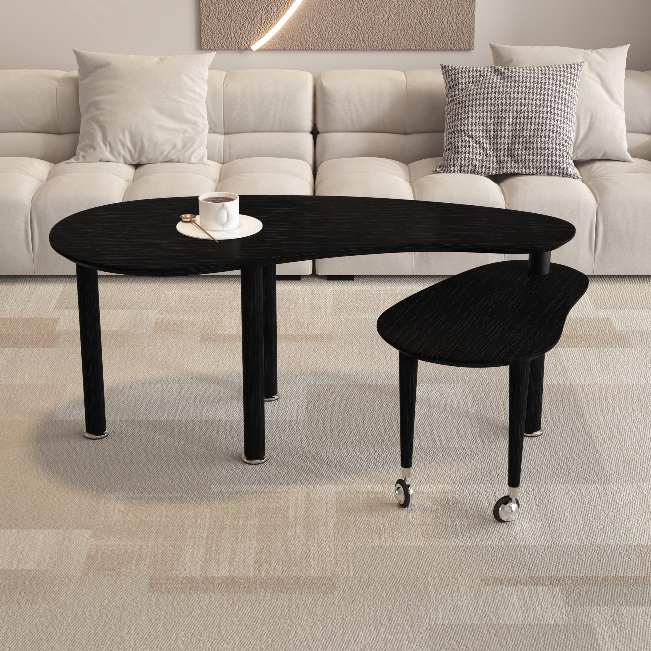 Rotating Modern Table Black Rotating Coffee Table with Wood Grain MDF Top & Solid Wood Legs ...