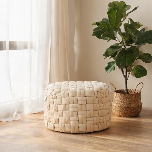 Contemporary Round 24 Inch Velvet Ottoman, Linen Beige Multi-Use Indoor Accent Seating