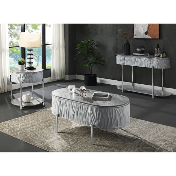 Contemporary Round Coffee Table in Gray and Chrome / Smooth Drawer Access for Convenience