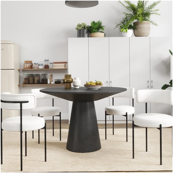 Contemporary Round Dining Table and Chairs Set, 5-Piece Upholstered Seating Group with Pedestal Base, Black/White
