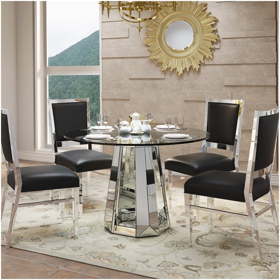 Contemporary Round Dining Table with Mirror Glass Base, 15mm Tempered Glass Top, Silver Kitchen Table Seats 4