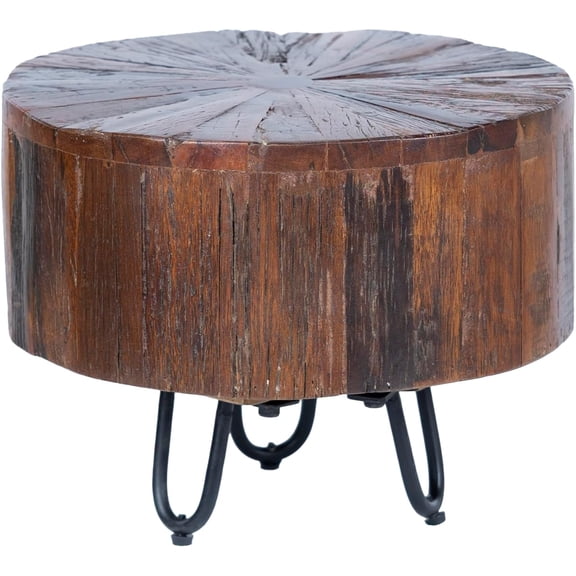 Contemporary Round Side Table - Unique Solid Jungle Wood End Table with Sturdy Metal Hairpin Legs Round Table Home Decor, 14" Diameter