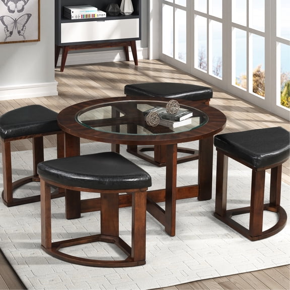 Contemporary Round Solid Wood Glass Top Table | 4 Stools for Comfortable Seating | Beveled Glass and MDF Material | Stools Fit Under for Easy Storage