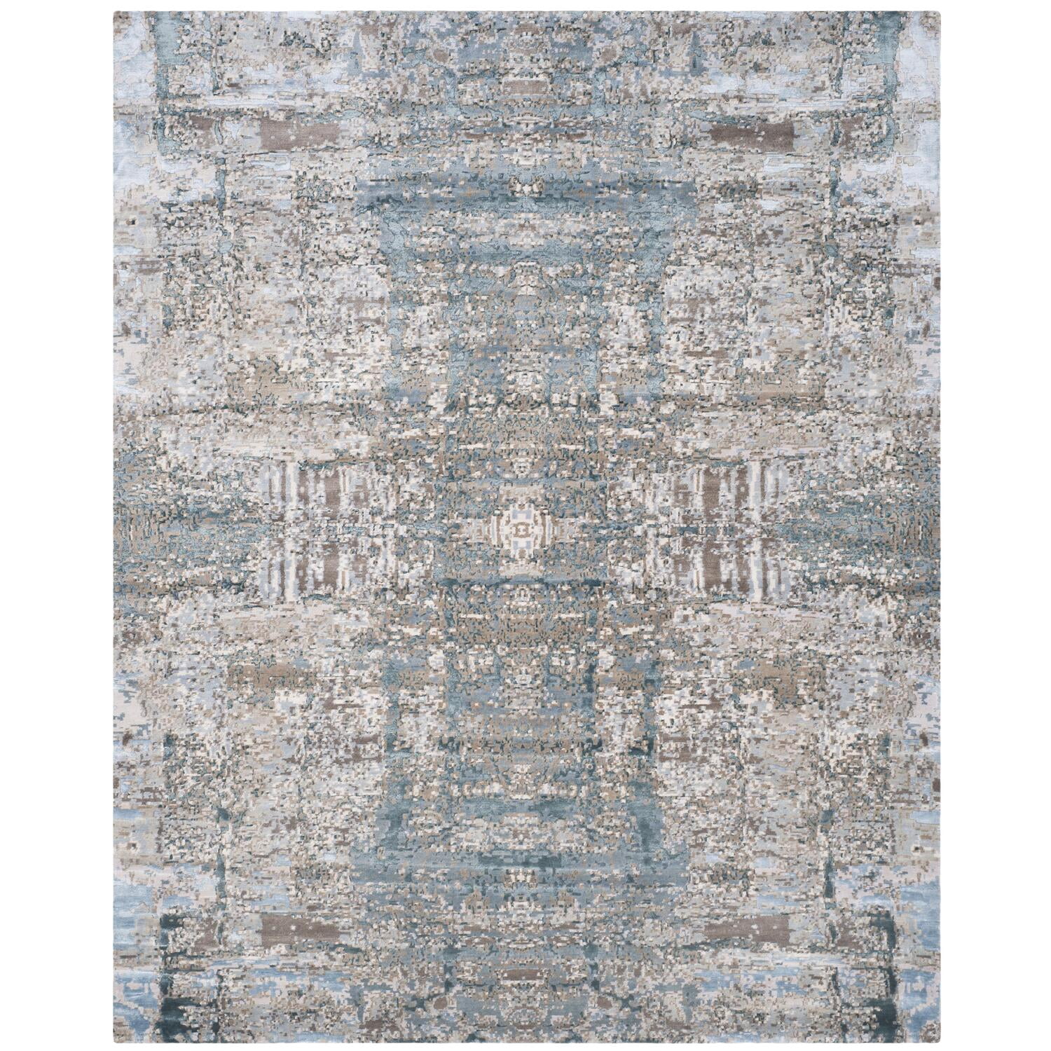 Hand-Knotted Worn Denim Abstract Wool Silk 8' x 10' Rug