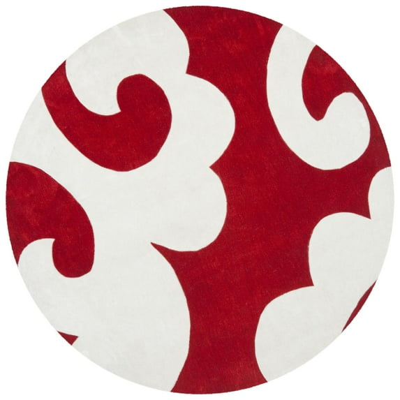 Contemporary Rug - Modern Art Polyester -Red/Ivory-Color:Red/Ivory,Design:Contemporary,Shape:Round,Size:6'6" X 6'6"