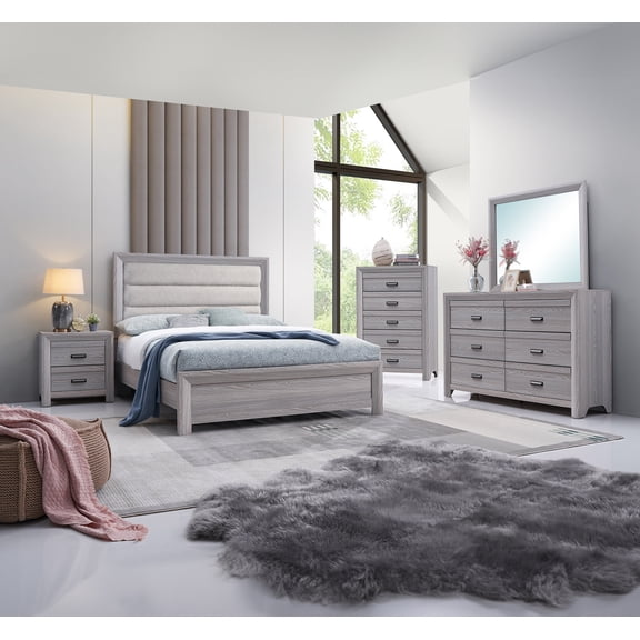 Contemporary Rustic 6Pc Queen Upholstered Bed Gray Wooden Bedroom Furniture Set