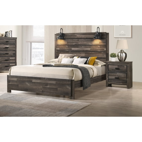 Contemporary Rustic Brown Finish Full Size 3Pc Panel Built in Lighting Headboard Bed and Nightstand Set Wooden Bedroom Furniture