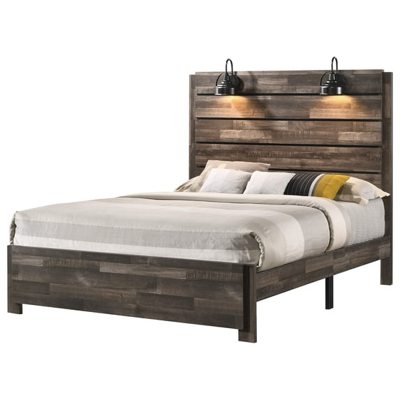 Contemporary Rustic Brown Finish Queen Size 1Pc Panel Bed Built in Lighting Bedroom Wooden Furniture