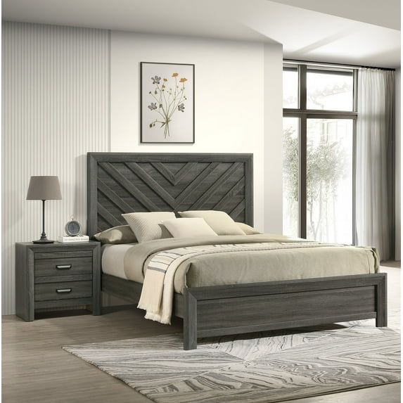 Contemporary Rustic Chevron Patterned Full Bed 2x Nightstand 3pc Set