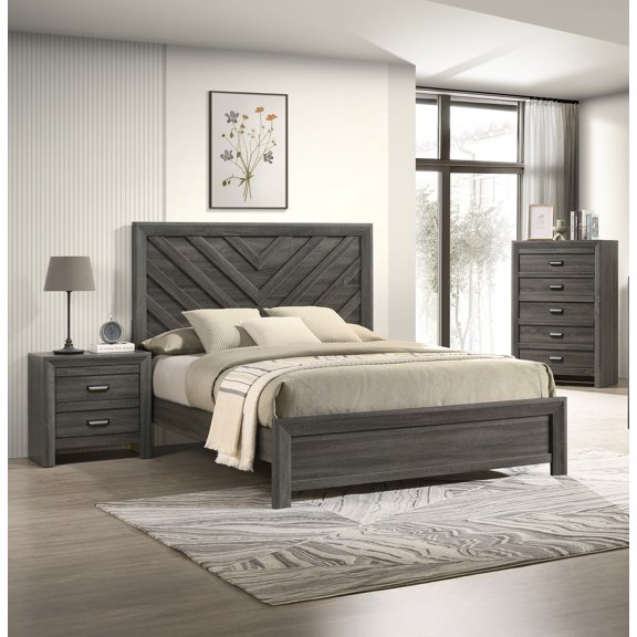 Contemporary Rustic Chevron Patterned King Bed Chest Nightstand 3pc Set