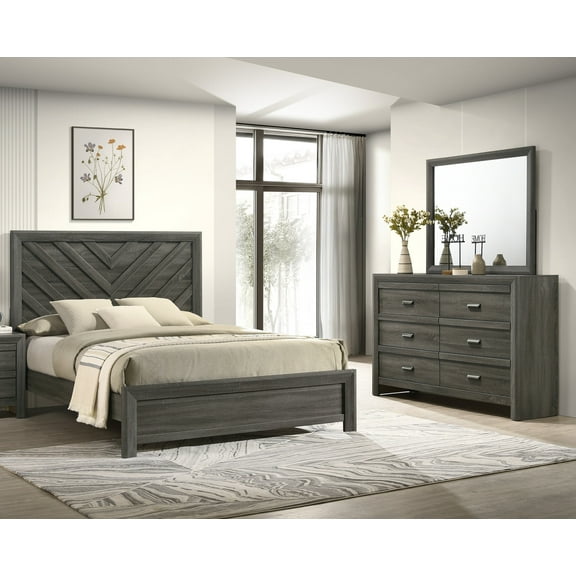 Contemporary Rustic Chevron Patterned King Bed Dresser Mirror 3pc Set