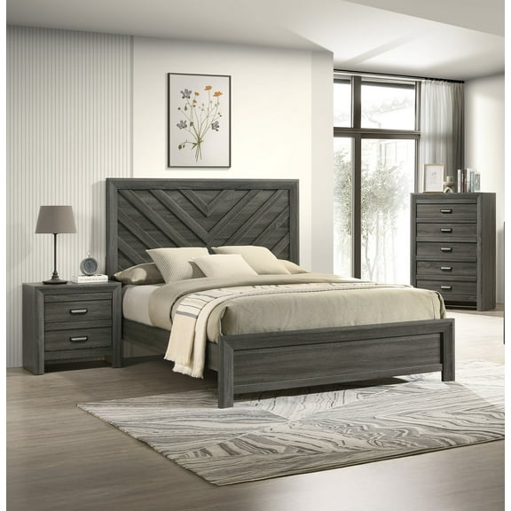 Contemporary Rustic Chevron Patterned Queen Bed Chest Nightstand 3pc Set
