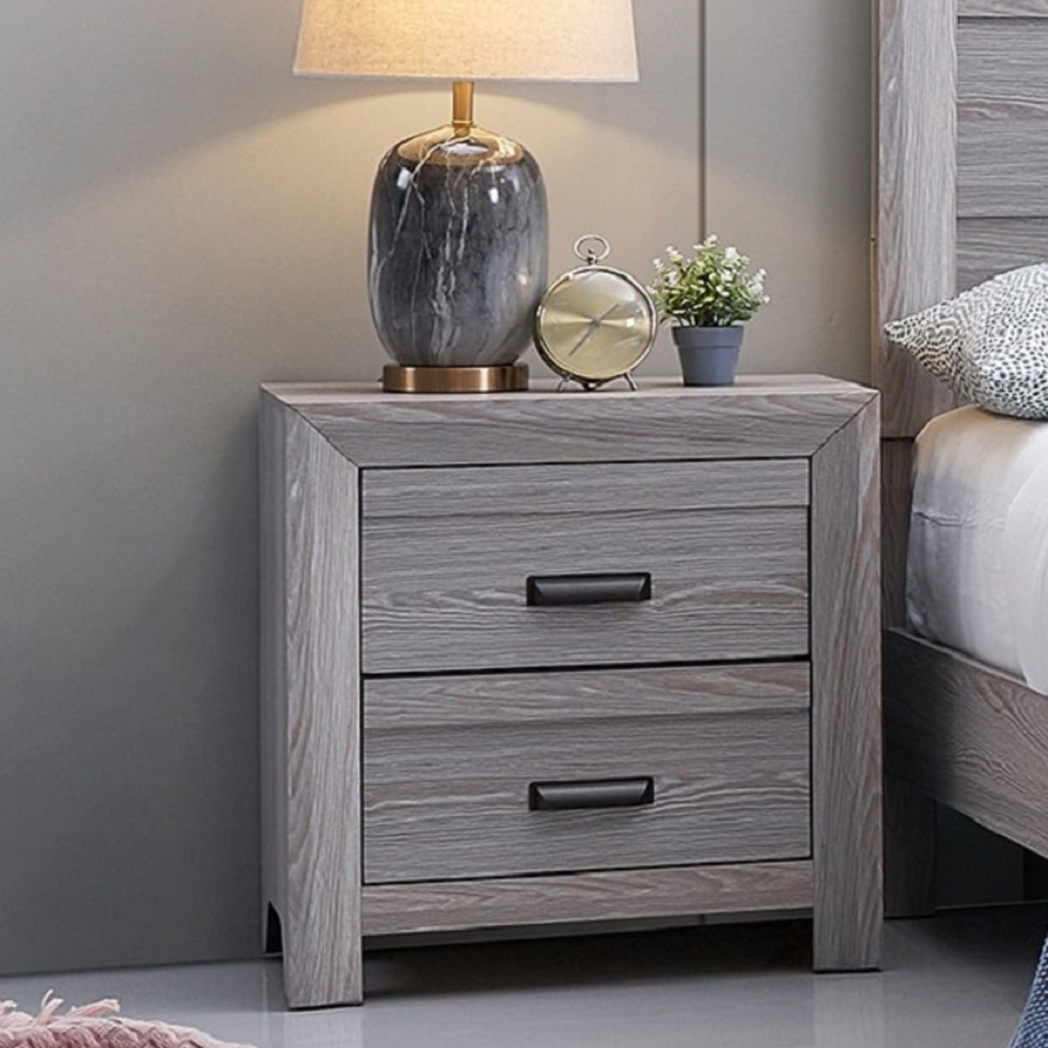 Contemporary Rustic Gray Bedroom Furniture End Table with Two Spacious