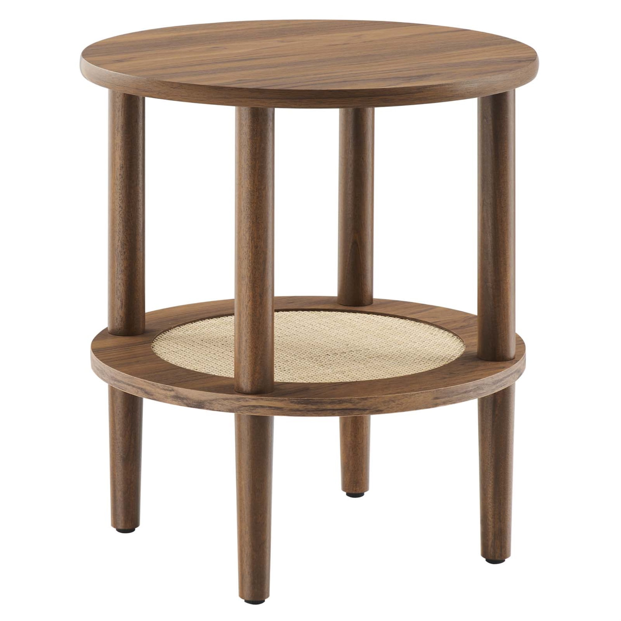 Walnut Round Wood Side Table with Rattan Shelf