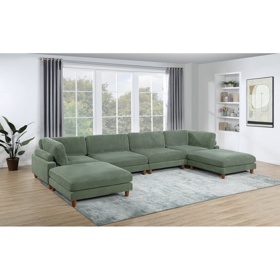 Contemporary Sage Color 6pc Modular Sectional Set Corduroy Upholstery Couch 2x Corner wedge, 2x Armless Chairs 2x Ottomans Living Room