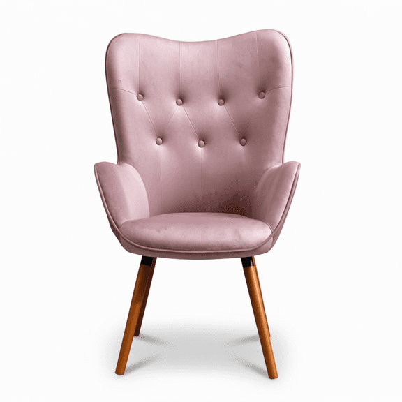 Contemporary Silky Velvet Tufted Button Back Accent Chair with Wing Back and Rubberwood Legs, Mauve
