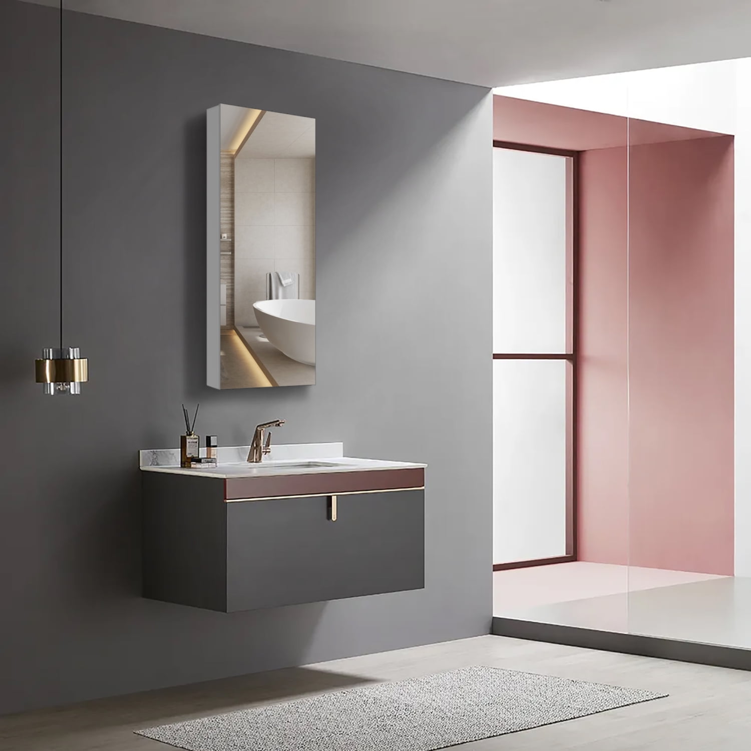 Contemporary Silver 15” W x 36” H SingleDoor Bathroom Medicine