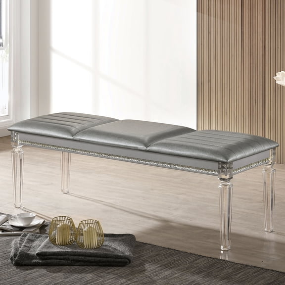 Contemporary Silver Accent Bench with Acrylic Legs and Crystal Details