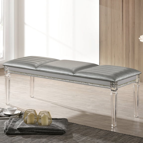Contemporary Silver Bench in Solid Wood with Mirror and Crystal Accents / Bedroom's Decor Must - have