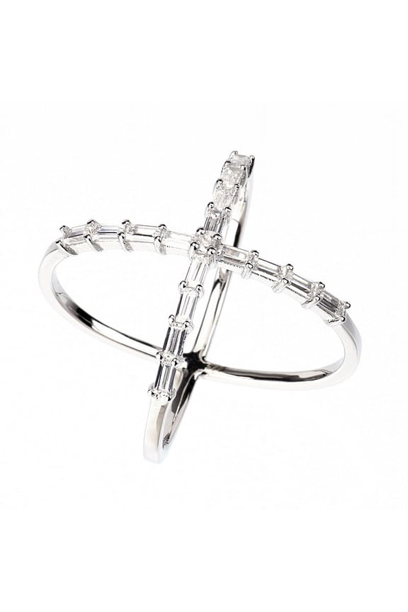 Contemporary Silver Cross X Fashion Ring w/Emerald CZ Sterling Silver (SIZE: 8)