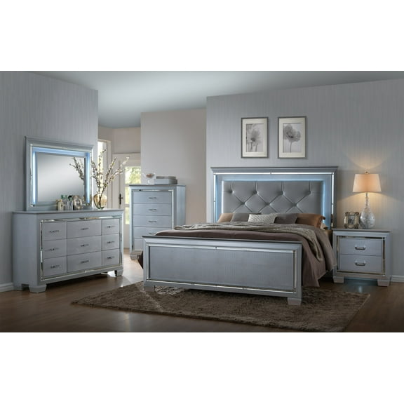 Contemporary Silver Finish 4pc King Size LED Backlit Upholstered HB Bed and Storage Dresser Mirror Nightstand Wooden Bedroom Furniture Set