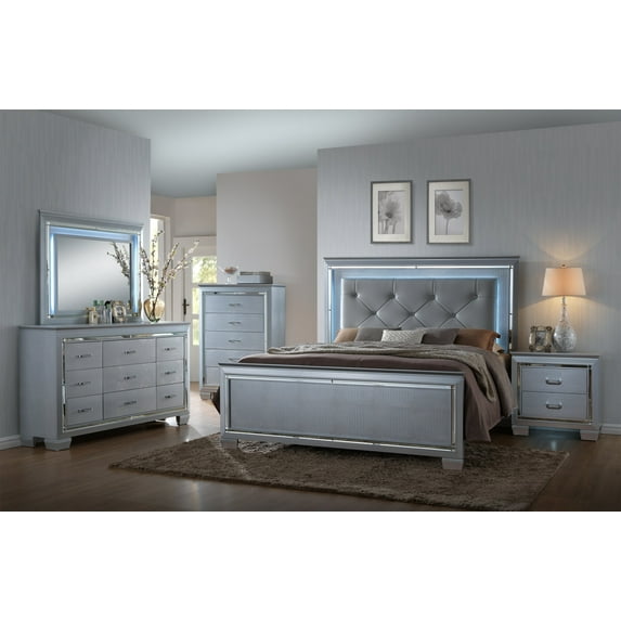 Contemporary Silver Finish 5pc King Size LED Backlit Upholstered HB Bed and Storage Dresser Mirror Nightstand Wooden Bedroom Furniture Set