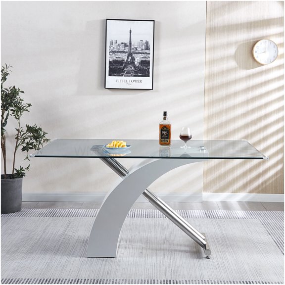 Contemporary Silver and White Dining Table with Rectangular Glass Top, MDF Base Modern Kitchen Furniture