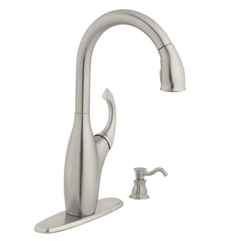 Contemporary Single-Handle Pull-Down Sprayer Kitchen Faucet with Soap Dispenser in Stainless Steel Contemporary Single-Handle Pull-Down Sprayer Kitchen Faucet with Soap Dispenser in Stainless Steel