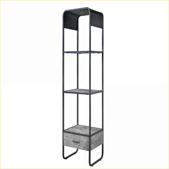 Contemporary Slate Gray & Black Side Pier with 2 Shelves + 1 Drawer, 66.5 H | Black+Grey | Wood+Metal
