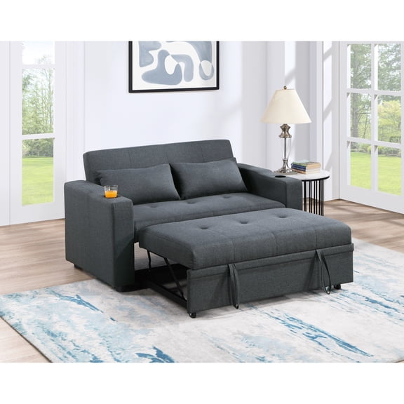 Contemporary Sleeper With Charcoal Fabric And Adjustable Modern Pillow Linen Like Upholstery For Living Space