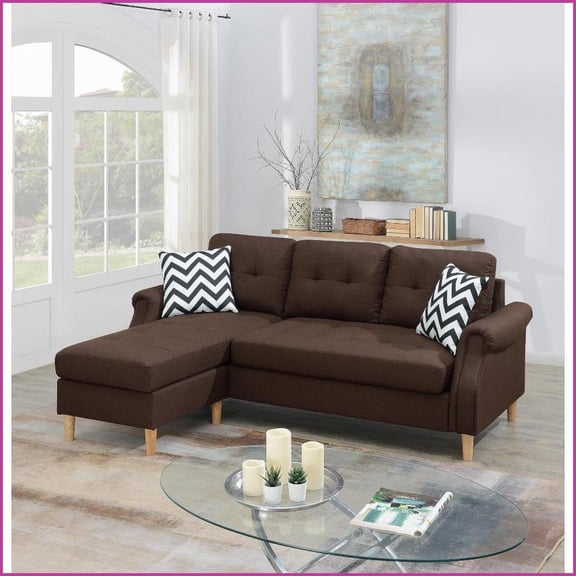 Contemporary Small Space Reversible Chaise Sectional Sofa with Included Pillows - Linen-Like Polyfiber Dark Coffee | Tufted Back | Round Arms | Coffee