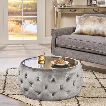 Contemporary Smoke Velvet With Button Tufting And Glass, 30.04" W X D 14.49" H Fashionable Tempered Glass Top Button- Velvet, 30" 14.49", Hue