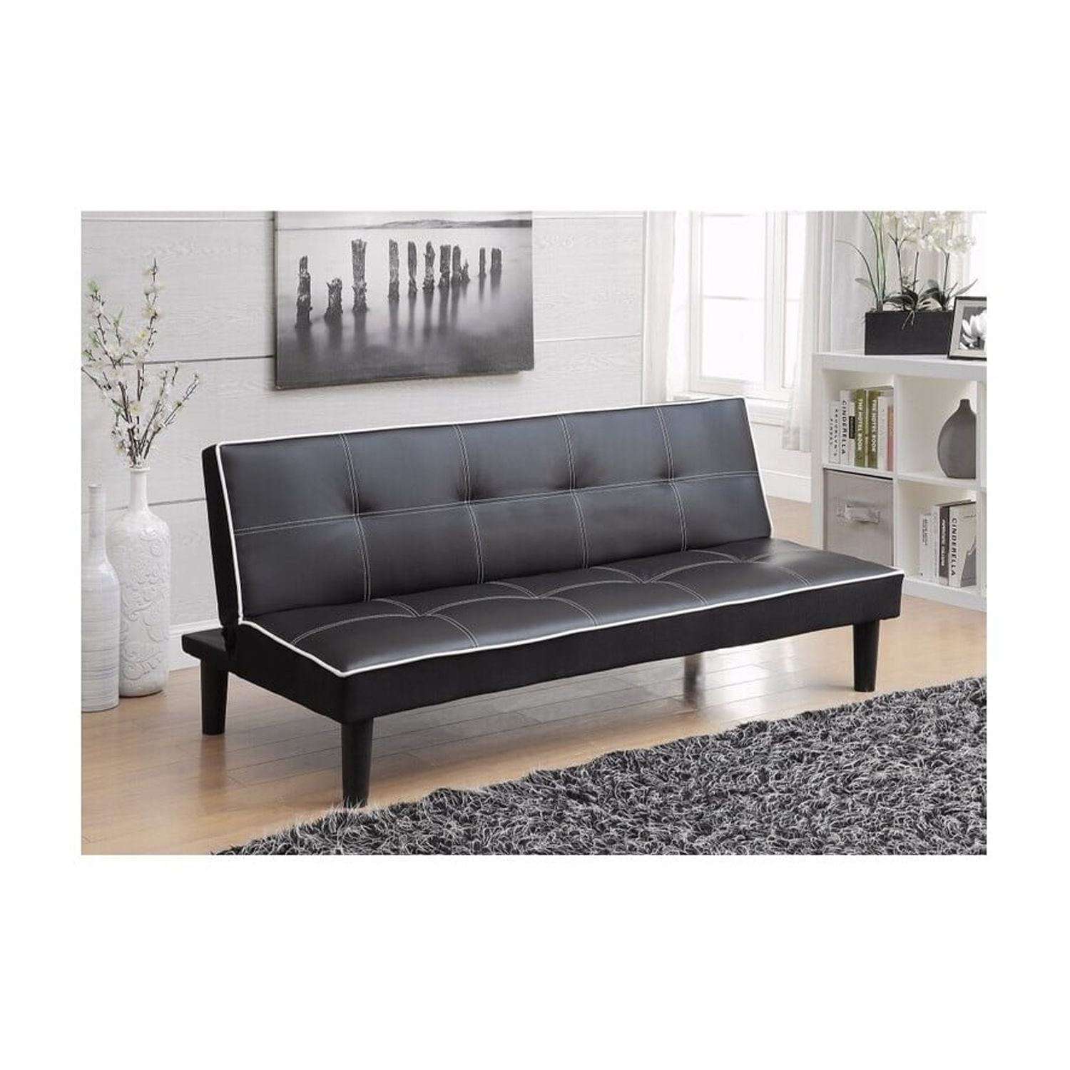 Black Tufted Faux Leather Full Sleeper Sofa with Wood Legs