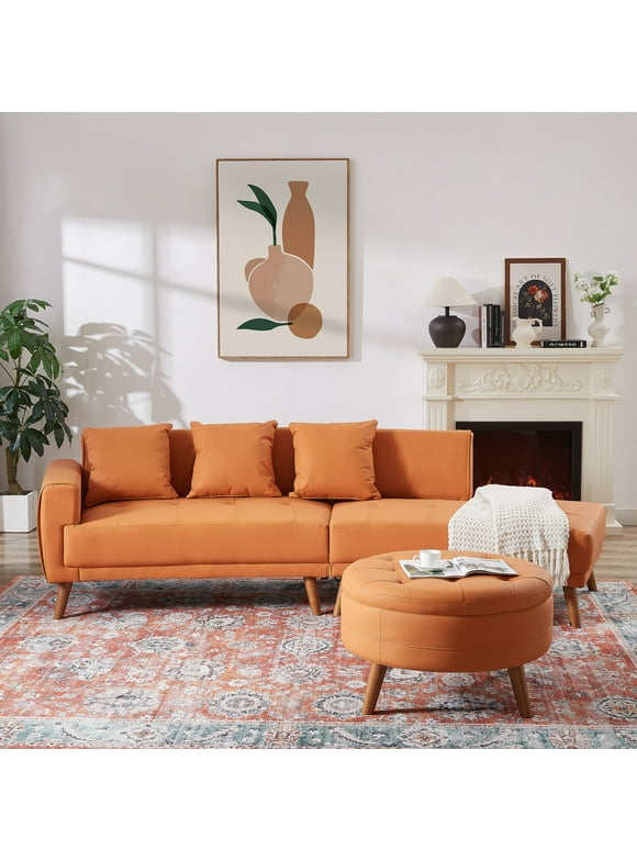 Contemporary Sofa Couch with Round Storage Ottoman and 3 Removable Pillows, Rubber Wood Legs, Movable Ottoman, Stylish Sofa Couch Sectional Sofa Set for Living Room (Orange & Round Ottoman)
