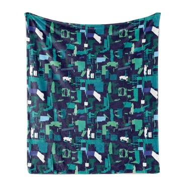 Contemporary Soft Flannel Fleece Throw Blanket, Artisan Grunge Murky Abstract Shapes Paintbrush Futuristic, Cozy Plush for Indoor and Outdoor Use, 70" x 90", Indigo Dark Teal, by Ambesonne