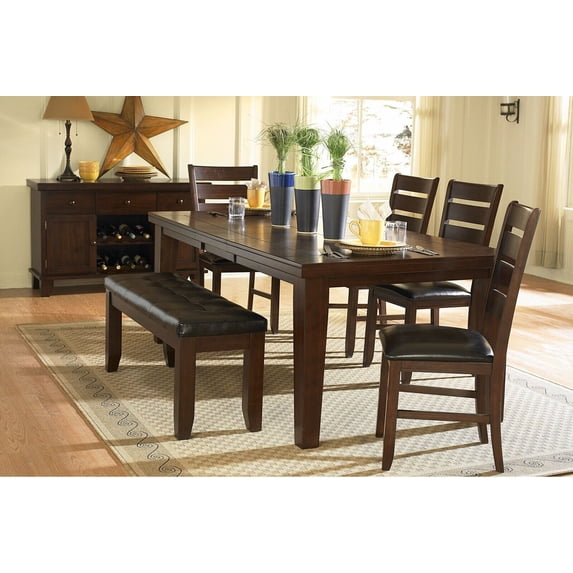 Contemporary Solid Clean Lines Dining 5pc Set Table with Self-Storing Leaf 1 Bench 4 Side Chairs Dark Oak Finish Furniture